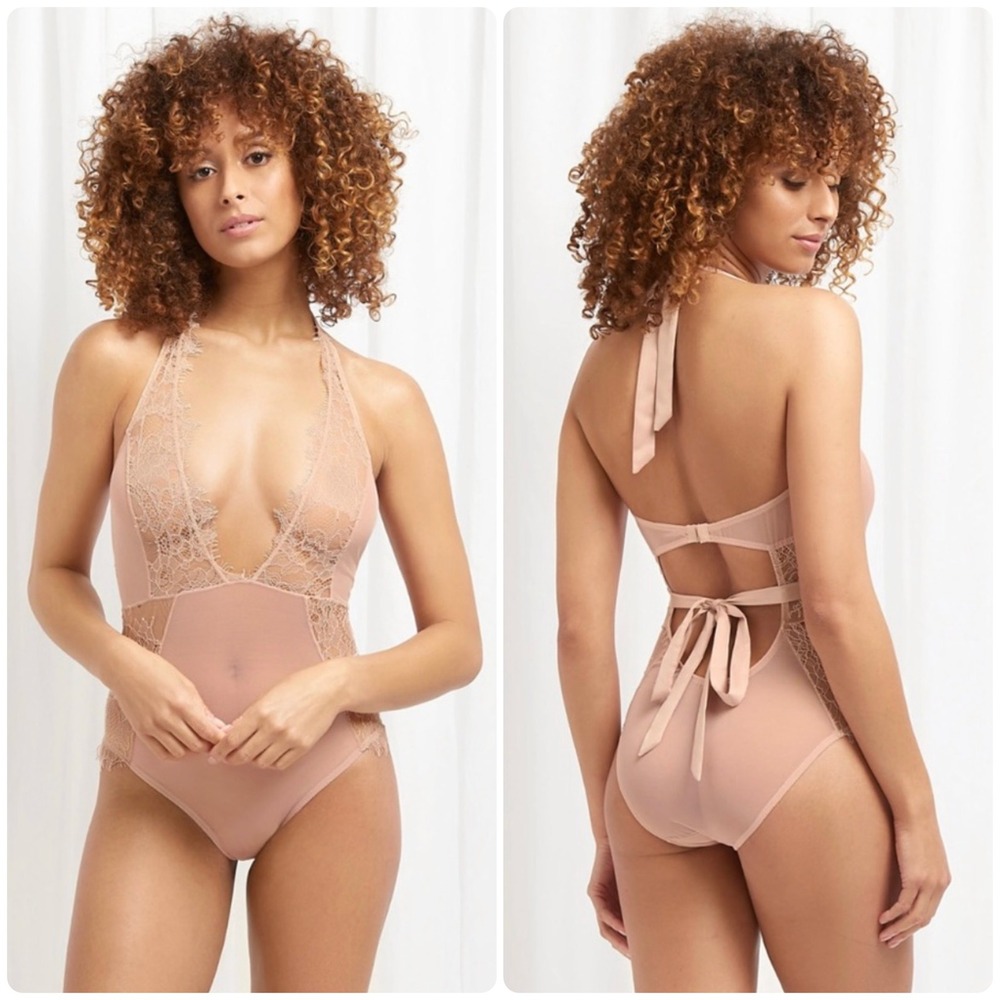 Bluebella Womens Amelie Rose Dust Lace Plunge Romantic Halter Bodysuit Size S